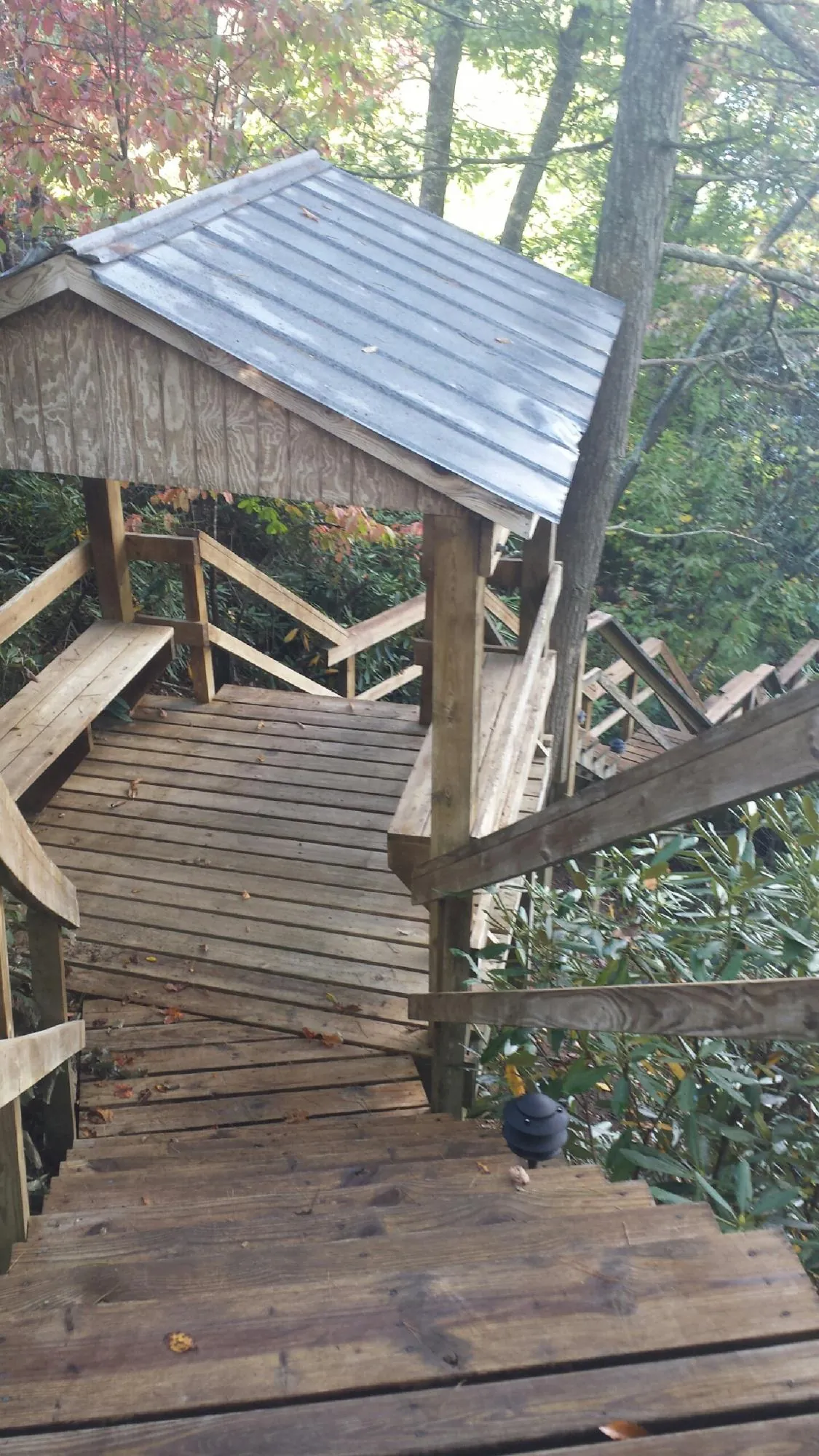 Metal roofed shelter over wooden steps on a wooded walkway — Skylight Repair & Installation work by our crew in Chula